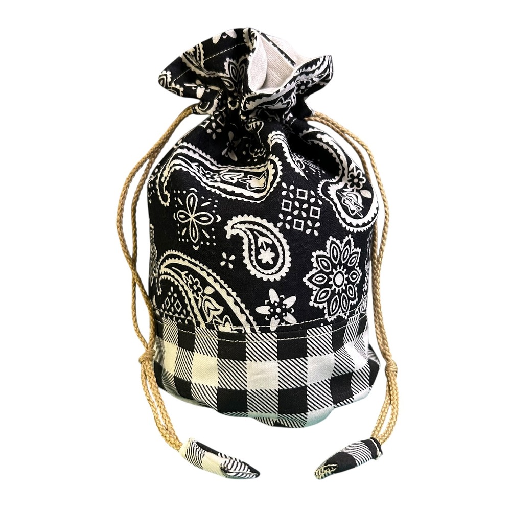 Black White Paisley Buffalo Check Drawstring Satchel Wristlet Bag Handmade NEW
